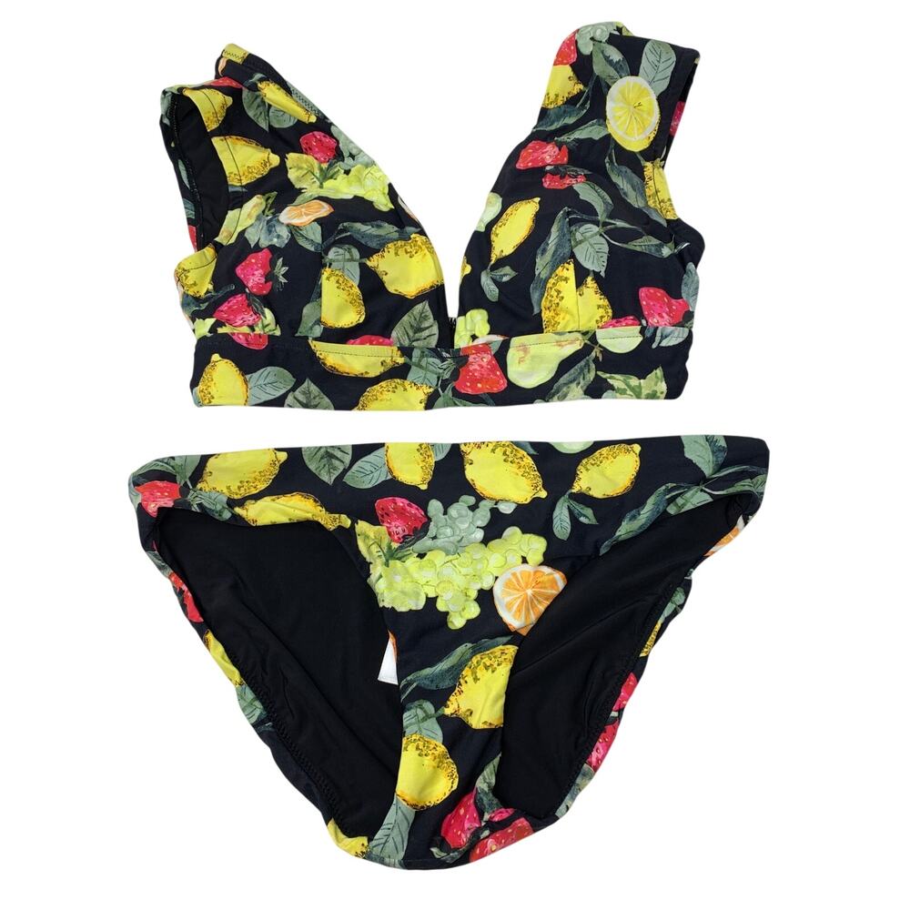 Seafolly Bikini Set Womens US 6 Black Fruit Lemon Strawberry Plunge NWOT